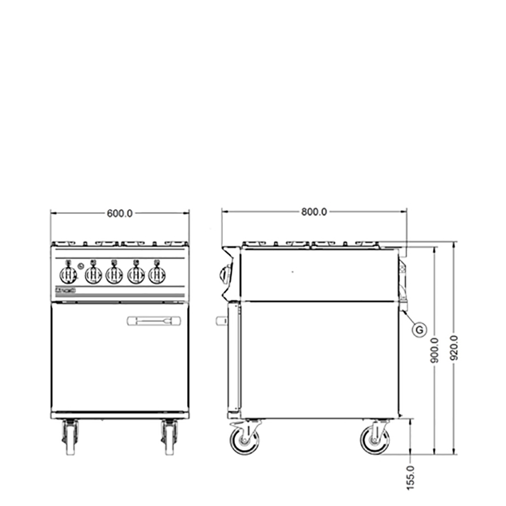 Opus 800 by Lincat 4 Burner Gas Range Oven OG8001 Right hin Stainless